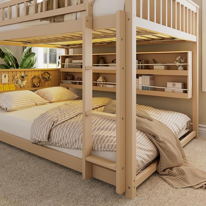 Merax Full Over Full Bunk Bed,Wood bunk Bed with LED,Bed with Integrated Shelving, Color-Changing Lights and Pegboard, Full Over Full, Beige