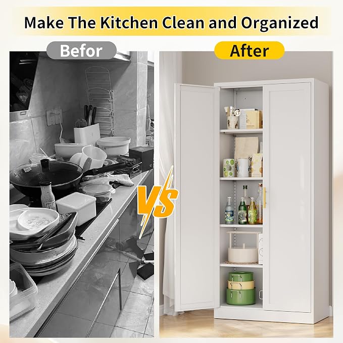 Metal Pantry Cabinet, 71"H x 28"W x 14"D Pantry Cabinets with 2 Doors and 4 Adjustable Shelves, Kitchen Pantry Storage Cabinets, Metal Storage Cabinet for Kitchen, Dining Room, Living Room-White
