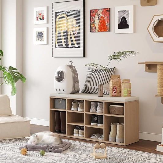 DINZI LVJ Shoe Storage Bench with Cushion, 12-Cubby Shoe Rack, Adjustable Shelves, 40.9" Long Shoe Organizer Bench for Entryway, Mudroom, Hallway, Garage, Natural and Cappuccino Beige