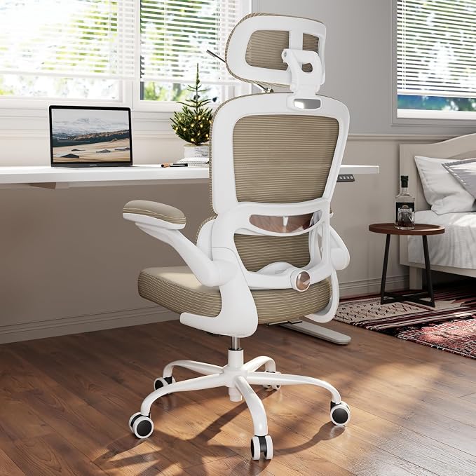 TRALT Ergonomic Office Chair - Desk Chair with Adjustable Headrest Lumbar Support Computer Chair - Mesh Comfy Chair with Flip-up Armrests - Gaming Chairs for Adults Home Office (PU Leather,Khaki)