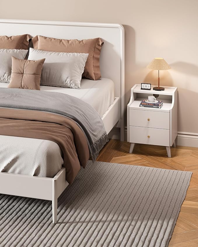 Narrow Nightstand with Drawers, 15.7" Slim Solid Wood Bedside Table with Open Shelf & Cable Hole, Modern Storage Side Table for Bedroom, White