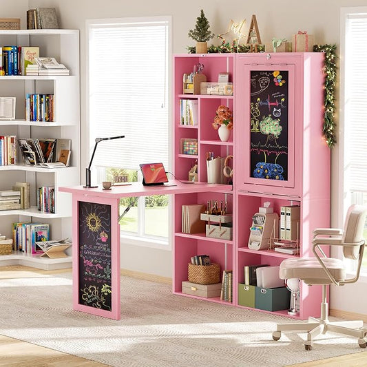 Armocity Small Folding Desk with Outlets, Convertible Writing Desk for Small Spaces/Home Office/Craft Room, Multi-Function Desk Workstation with Blackboard, Fold-Out Cabinet Table, Pink