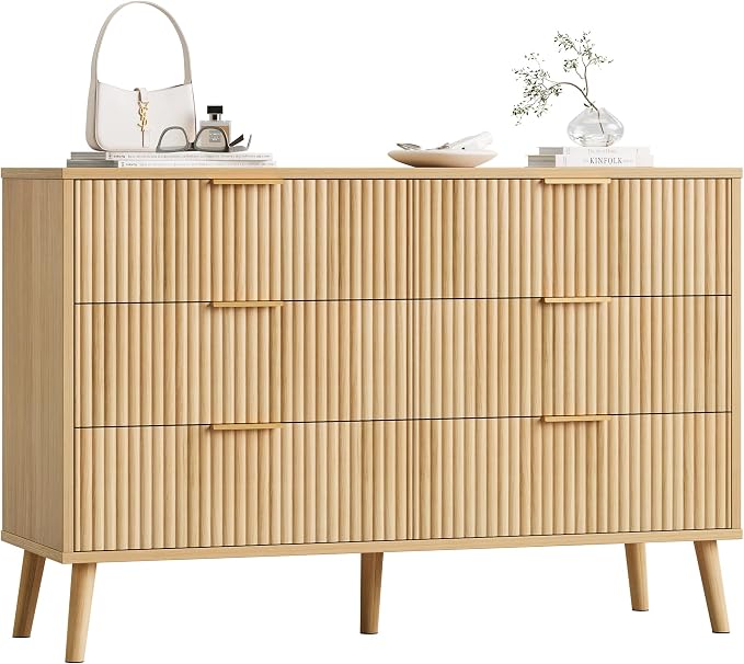 Fluted 6 Drawers Dresser for Bedroom, Wooden Wide Chest of Drawers with Metal Handle, Dresser TV Stand, Closet Storage Organizer for Entryway, Living Room, Hallway (Natural)