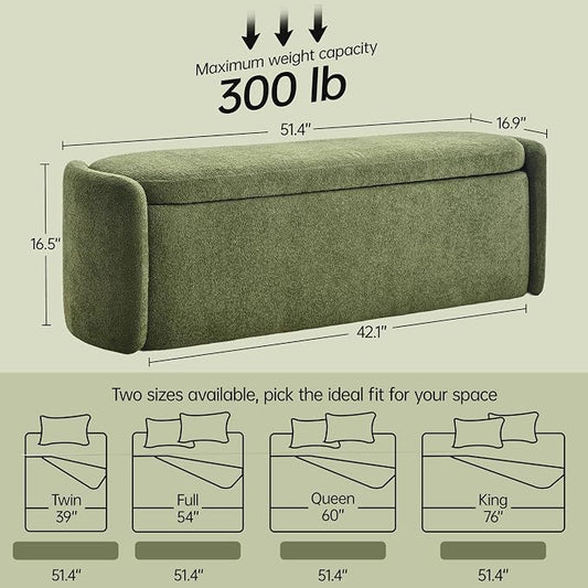 VKNOW 51" Storage Ottoman Bench, Upholstered End of Bed Bench with Smooth Hinges, Oval Large Ottoman Bench for Bedroom, Living Room and Hallway Entryway, Green
