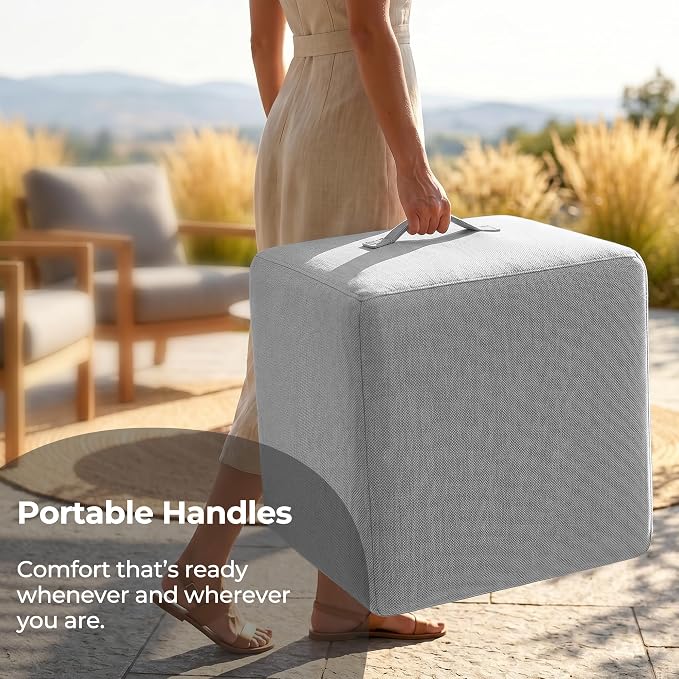 Living&Giving Square Outdoor Ottoman Pouf, 24 Inch Waterproof Patio Ottoman Foot Rest with Solid High-Density Foam, Comfy Boneless Footstool for Outside Couch & Seating, Light Gray