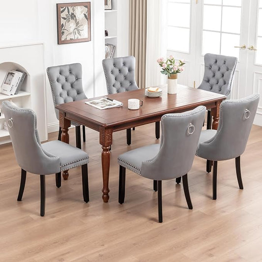 Mid Century Modern Dining Chair Set of 8 Velvet Upholstered Dining Accent Chair Farmhouse Dining Chairs with High Back and Nailhead Trim for Kitchen, Living Room, Bedroom (Gray)