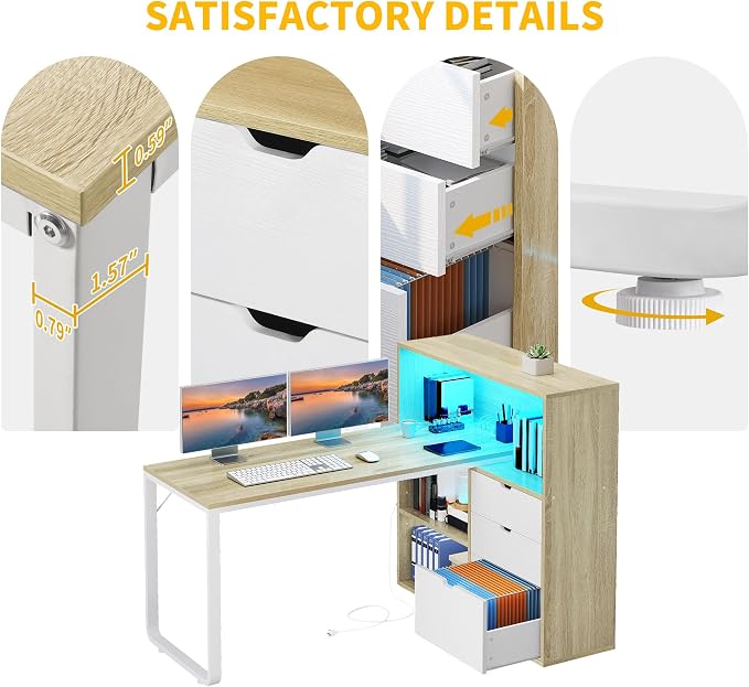 DWVO L Shaped Desk with Drawers, 55" Corner Computer Desk with Bookshelf & Power Outlets & LED Lights, Home Office Desk with Storage Shelves, Oak & White