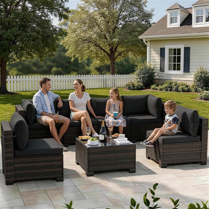 LAFWELL 7 Pieces Outdoor Patio Furniture Sets,Rattan Conversation Sectional Set,Manual Weaving Wicker Patio Sofa with Tea Table