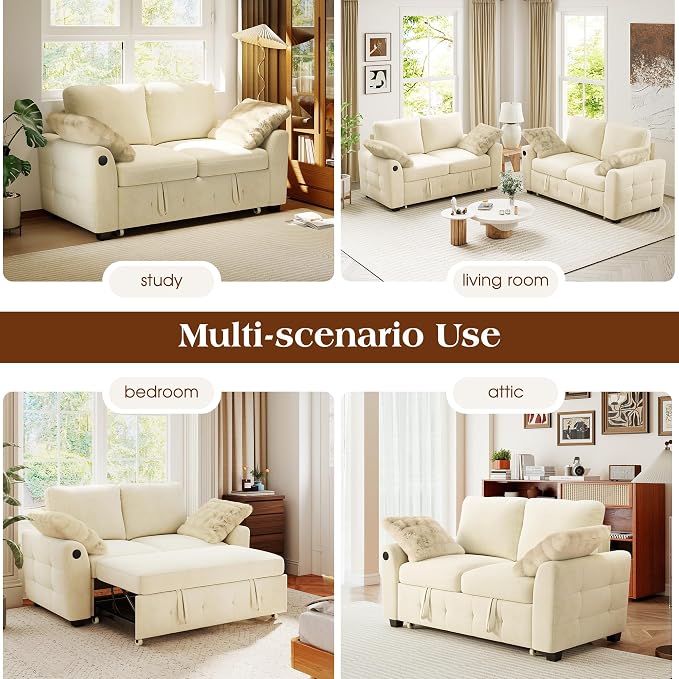 Ihanherry 59-inch Convertible Sofa Bed, Pull Out Sleeper with USB Port & Wide Armrests, 2-in-1 Chenille Fabric Loveseat with 2 Pillows, Space-Saving for Small Apartment, Living Room, Bedroom(Beige)
