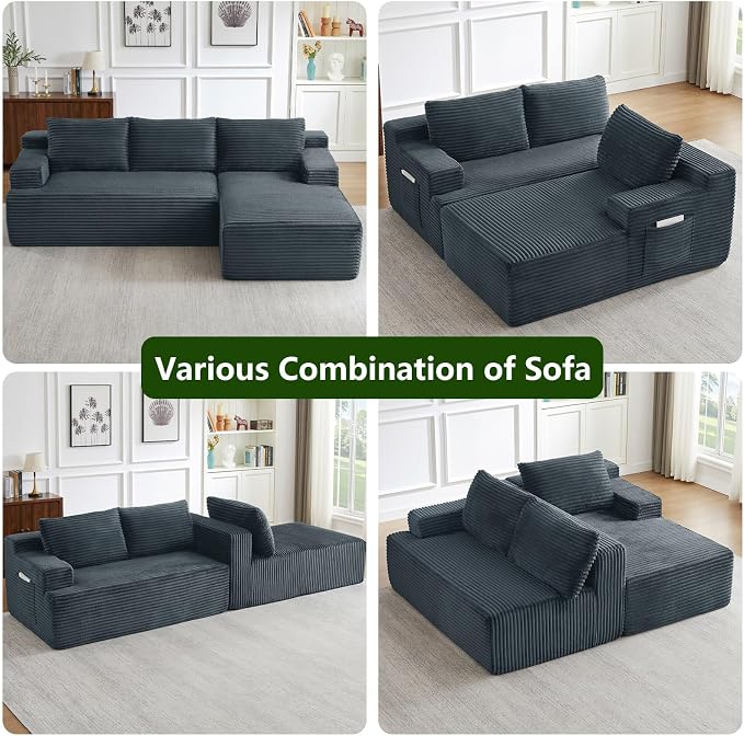 96" Modular Sectional Sofa, Modern Corduroy Cloud Couch, Boneless Couch Upholstered 3-Seater L-Shaped Sofa for Living Room, No Assembly Required (Dark Grey, Right-Facing Chaise)