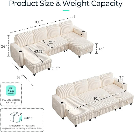 LINSY HOME Pull Out Sofa Bed Sectional Sleeper Sofa with Storage, Plush Corduroy Pullout Modular Sectional Couches for Living Room, U Shaped Convertible Couch Bed for Apartment (Beige)