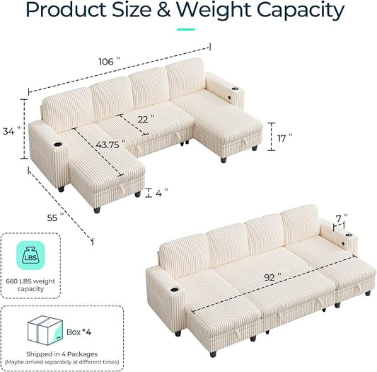 LINSY HOME Sectional Sleeper Sofa with Pull Out Couch Bed - Convertible Plush Corduroy Cloud Couch with Storage Chaise & USB Charging, Comfy U Shaped Modular Couches for Living Room, Beige