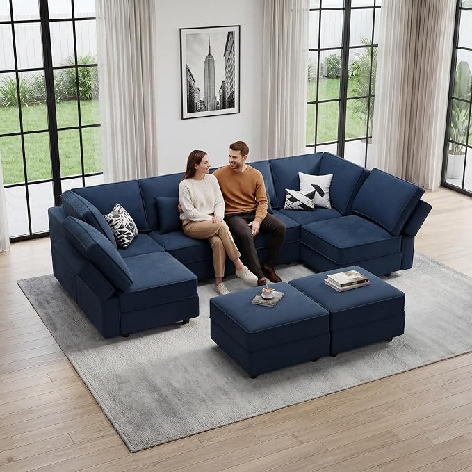 Vesgantti Sectional Sleeper Sofas with Storage, 118" Sofa Bed with 8 Seats Storage Chaises Removable Cover, Deep Seat Modular Couches Velvet Couch Set for Living Room, Apartment, Home Theater, Blue