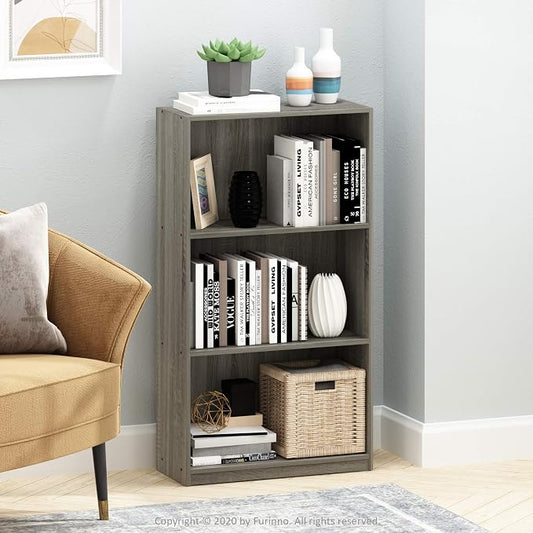 Furinno BASIC Book Shelf, 3-Tier Bookshelf with Open Shelves, Standing Bookcase, 9.3" x 21.8" x 39.5", for Organization and Storage, for Living Room, Bedroom, Home Office, French Oak