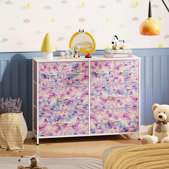 WLIVE Dresser for Bedroom with 8 Drawers, Wide Fabric Dresser for Storage and Organization, Bedroom Dressers, Chest of Drawers for Living Room, Closet, Hallway, Tie-dye Print (Pink, Purple, Blue)