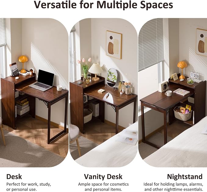 Bamboo Folding Desk for Small Spaces with Storage, Foldable Mid Century Modern Drop Leaf Desk, Vintage Fold Out Hideaway Small Desks for Bedroom or Home Office, Brown