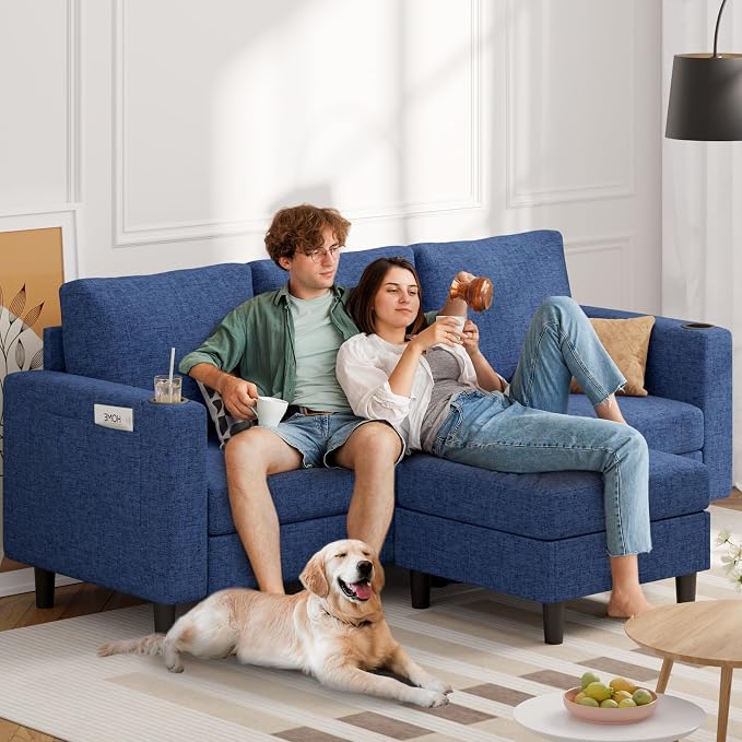 Luxanimarion Upholstered Sectional Sofa and Couches, 78'' L Shaped 3-seat Sofa forLiving Room, Apartment, Lounge,Bedroom-Washable Covers Convertible Sofas(Linen Fabric,Blue)