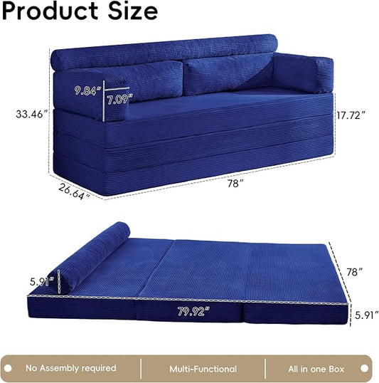 5-in-1 Convertible Sofa Bed, 78" Boneless Couch Tri Folding Mattress with Removable L-Shaped Armrests, Corduroy Futon Couch Sleeper with Pull Out Bed for Living Room Bedroom Apartment, Blue