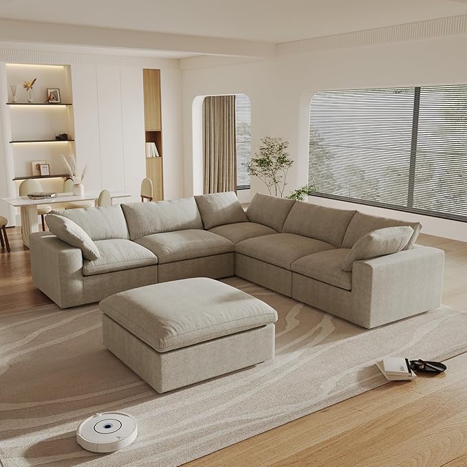 160.6" Cloud Couch Modular Sectional Sofa for Livingroom,Oversized Convertible Sofa with Storage Ottomans,6 Seat Wide Couches,Cushion Covers Removable (Khaki, 6 Seater)