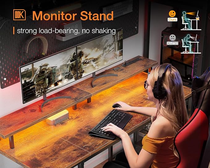ODK 48 inch Gaming Desk with LED Lights & Power Outlets, Computer Desk with Monitor Stand & Storage Sheves, CPU Stand, Home Office Desk, Vintage