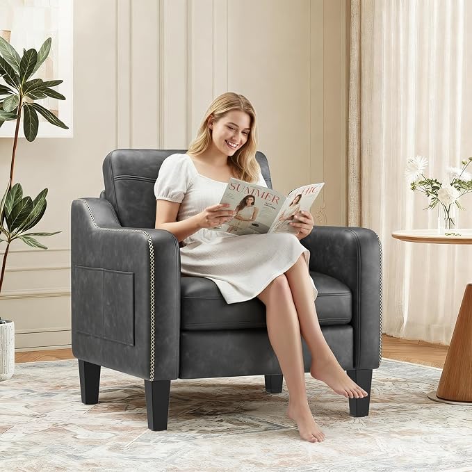 MALOL PU Leather Accent Chair, Mid-Century Modern Living Room Armchair Sofa with Removable Cushions, Solid Wood Frame & Stitched Armrest Design, Bedroom Chair with Plastic Legs, Black