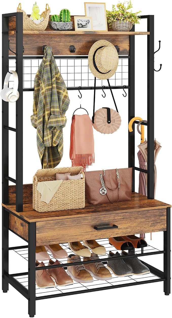 Recaceik Hall Tree with Bench and Shoe Storage, Entryway Coat Rack with Shoe Bench, Industrial Hall Tree with Drawers and 12 Hooks for Bedroom, Living Room