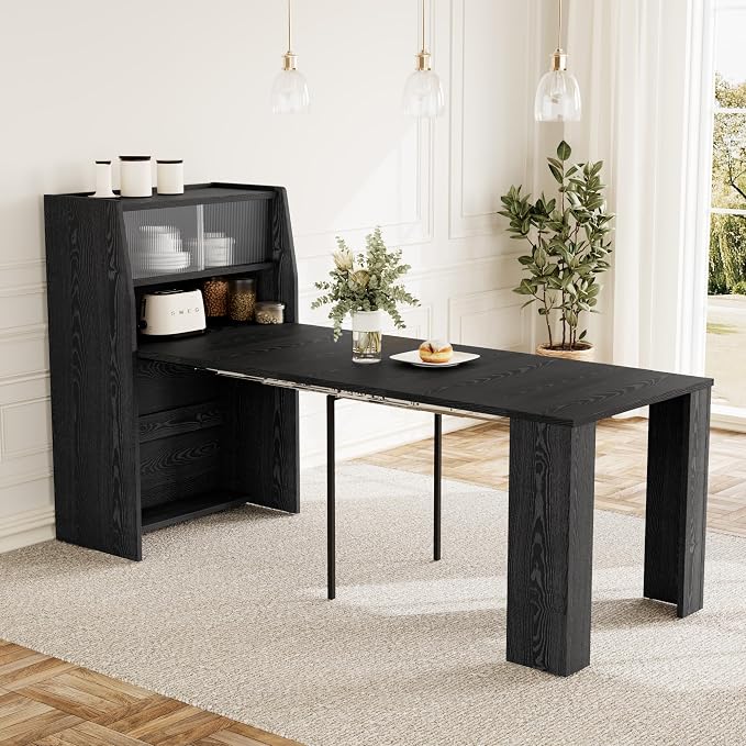 HIPIHOM 86.6" Extendable Dining Table for 4-6, MDF, Storage Cabinet | Retractable Console Table, Storage Cabinet for Kitchen or Dining Room, Ideal for Small Space, Apartment, Family Meal