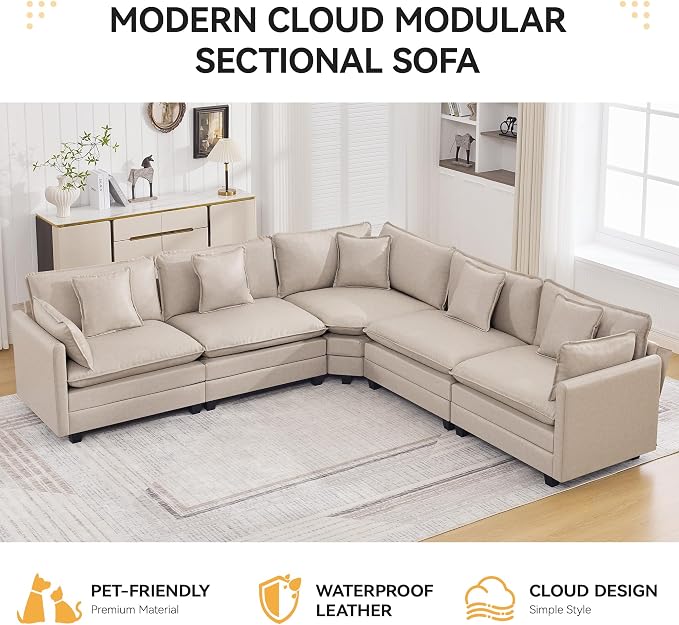 137'' V Shaped Cloud Sectional Sofa, Oversized Deep Seat Leather Couches for Living Room, Comfy Upholstered Modular Sectional Sofa Couch, Leather Beige