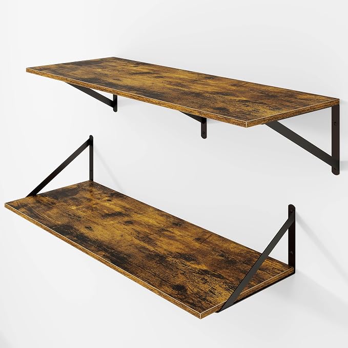 Heimlove Deep Floating Shelves for Wall, 32W x 12D Wood Wall Shelves Set of 2, Wide Floating Bookshelf for Living Room, Kitchen, Office, Bedroom and Decor Storage, with Metal Bracket - Rustic Brown