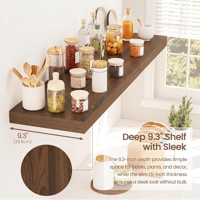 Vivelove Walnut Floating Shelves 36 Inches Long, Wall Display Shelves with Invisible Brackets, for Bathroom Living Room Kitchen Bedroom Office Farmhouse Home Decor, 36x9.3X 1.5 - Set of 2, Walnut