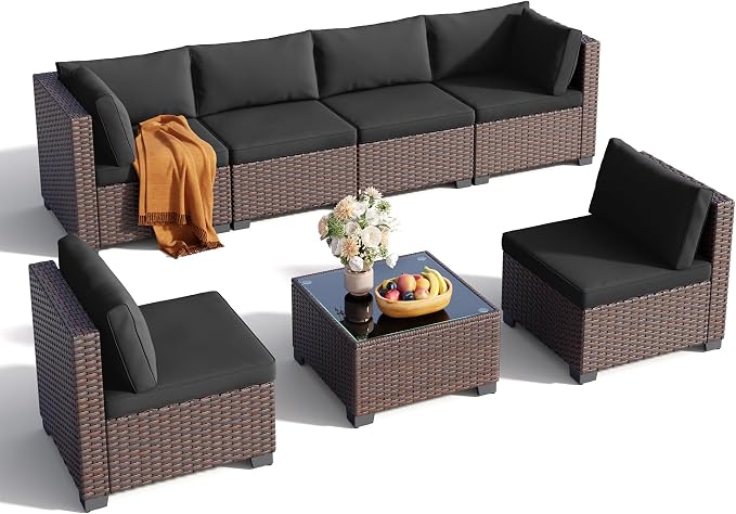 Qsun 7 Pieces Outdoor Patio Furniture Set, All-Weather PE Rattan Outdoor Patio sectional Furniture with Cushions and Glass Table, for Garden, Backyard, Porch, Black
