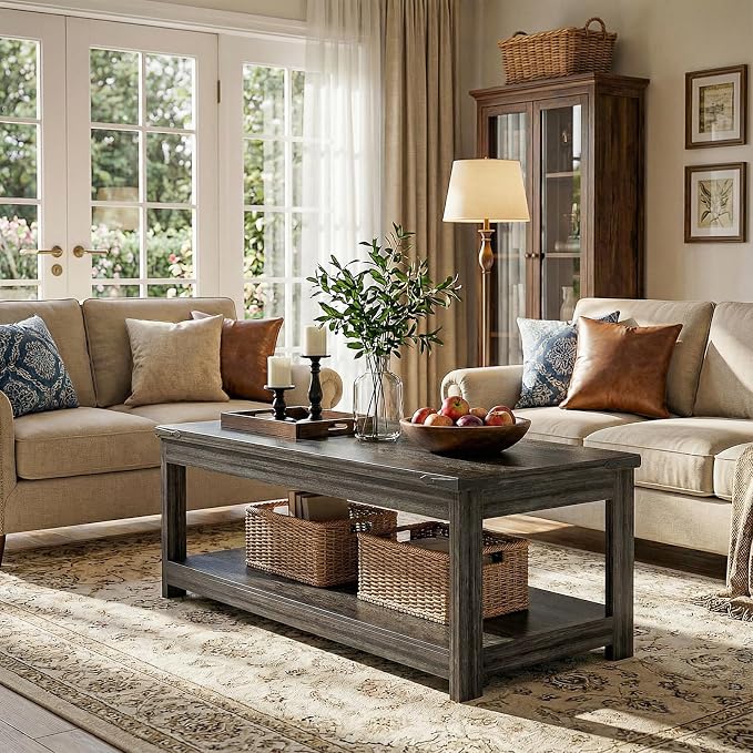 Homieasy 43.3” Rectangular Coffee Table with Storage Shelf, Farmhouse Wood Center Table for Living Room, Modern Black Tea Table with Open Shelf, Grey