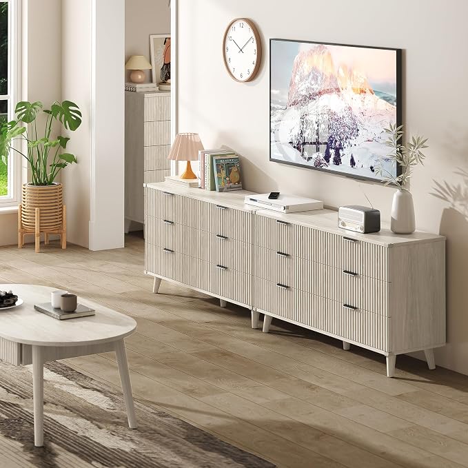Lulive Wood Dresser for Bedroom with 6 Drawers, 53.2" Long Fluted Modern Chest of Drawers Storage Organizer, Dressers TV Stand for Living Room, Closet, Hallway (White Oak)