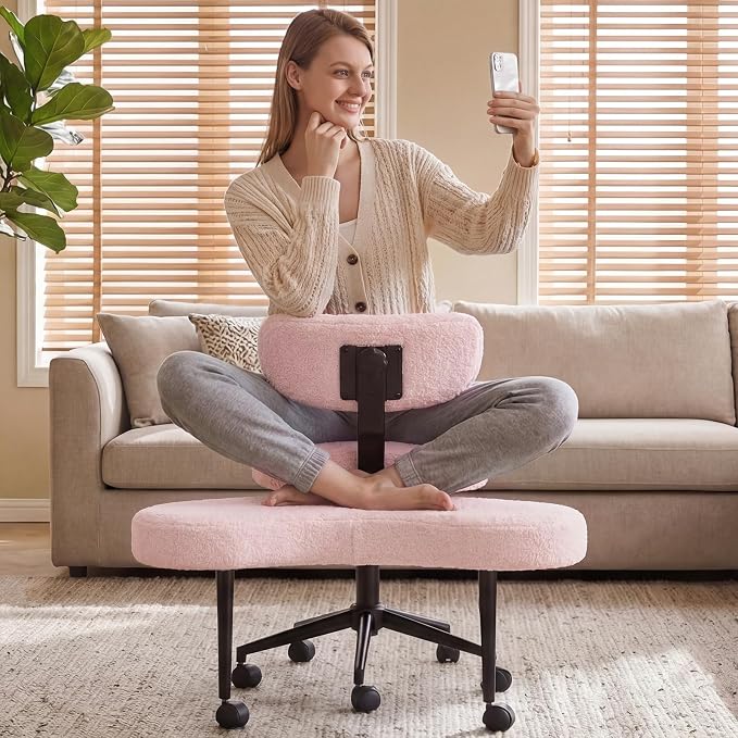 DUMOS Ergonomic ADHD Cross Legged Office Desk Chair with Adjustable Backrest, Height Adjustable Meditation Chair with 360° Swivel Footstool, Teddy Fleece Yoga Stool for Home Office, Pink