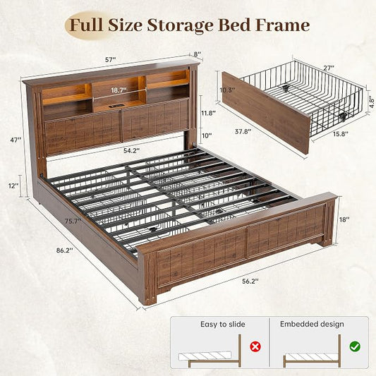 EnHomee Full Size Bed Frame with Storage Headboard and 4 Drawers,Charging Port & LED,No Box Spring Needed,Heavy-Duty Structure,Noise,-Free,Vintage Brown