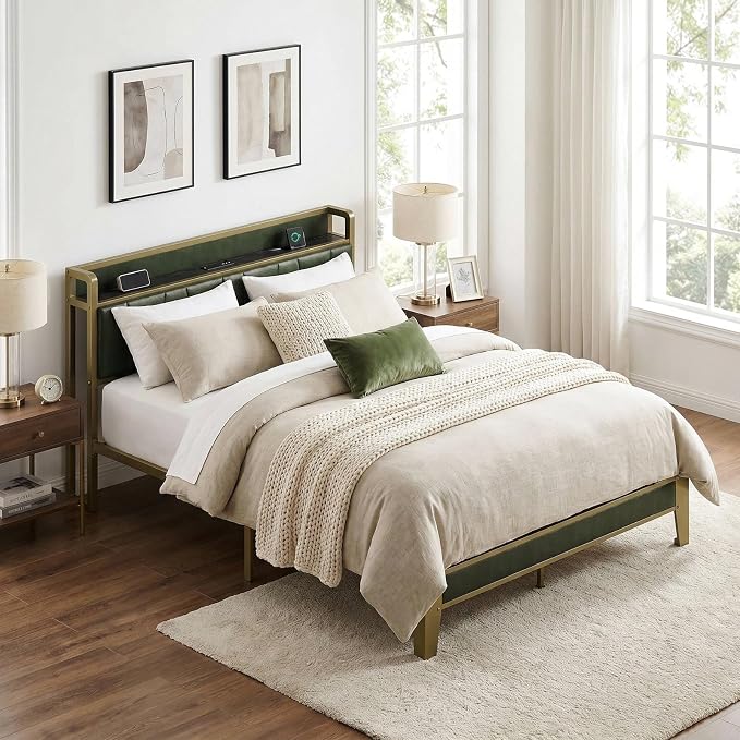 LIKIMIO Full Bed Frame, Storage Headboard with Charging Station, Solid and Stable, Noise Free, No Box Spring Needed, Easy Assembly (Dark Green)