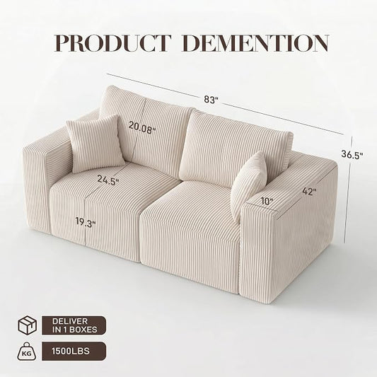 Modular Loveseat Cloud Couch, 79" Memory Foam Boneless Double Sofa, Cozy Upholstered Corduroy Frameless Furniture, No Assembly Required Small Couch for Apartment Living Room Office, Beige