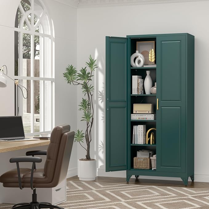 UNICOLY 75" Kitchen Pantry Cabinet, Tall Storage Cabinet with Doors and 4 Shelves, Metal Storage Cabinets for Kitchens, Living Room, Dinning Room, Assembly Required, Green