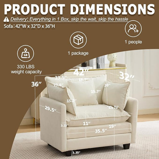 Modular Sectional Sofa Cloud Couch, Deep Seat Washable Chenille Fabric Sofa with Throw Pillows, Singel Seat Modern Couches for Living Room Bedroom Apartment, Beige