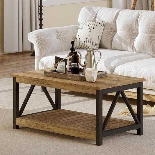ChooChoo Farmhouse Coffee Table with 2-Tier Storage, 40-Inch Rectangular Wooden Center Table for Living Room, Rustic Oak & Black