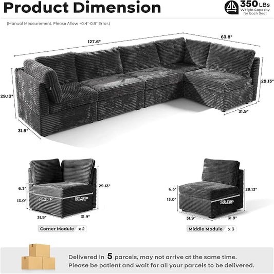 ovios Modular Sectional Sofa Couch with U-Shape Chaise Oversized, Comfy Plush Corduroy Cloud Couches, Modern Luxury Deep Seat Sofas Set for Living Room, 5-Seater, Grey