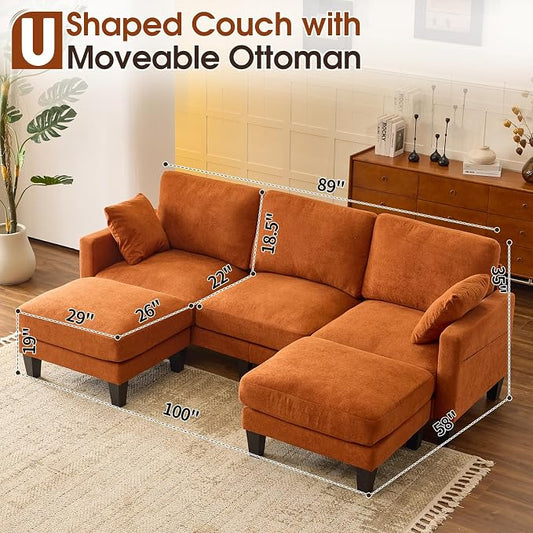 VINGLI 100" W U Shaped Couch with Ottoman, 22" Deep Seat Comfortable Sectional Couches for Living Room, 3 Seater Chenille Fabric Cloud Sofa for Apartment, Small Spaces, Bedroom, Orange