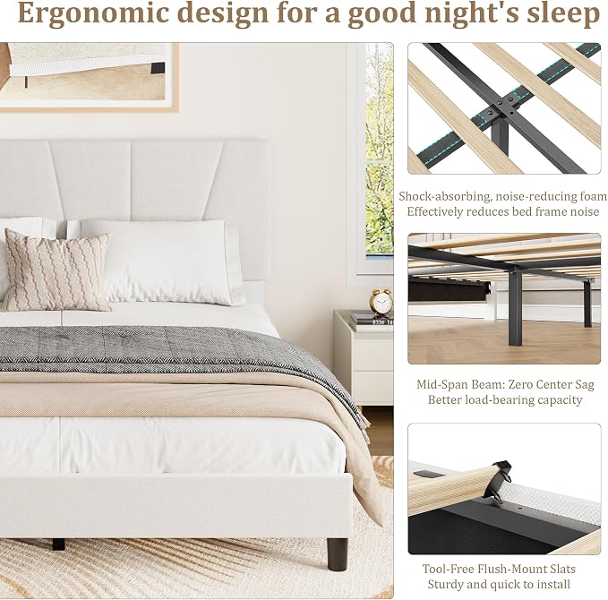 GarveeHome Queen Size Bed Frame with Upholstered Headboard, Modern Fabric Platform Bed Frame with Wooden Slat Support, Adjustable Headboard, No Box Spring Needed, Noise-Free, for Bedroom