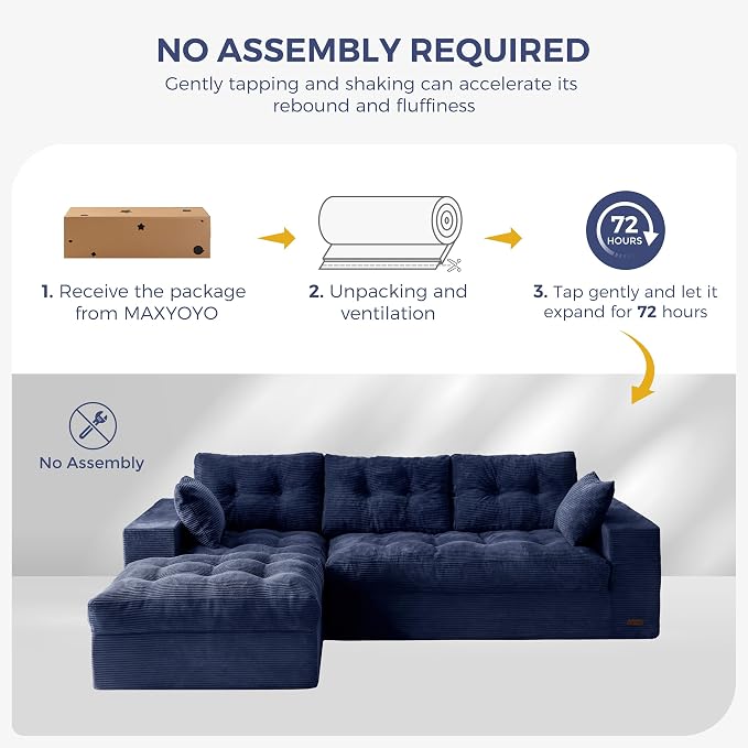 MAXYOYO 96" L Shaped Modular Sectional Sofa with Ottoman, Cloud Boneless Couch with Layered Cushion, Upholstered Flexible Module Combination Sofa for Living Room, No Assembly, Navy