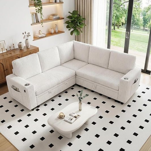 Sectional Sleeper Sofa with Pull Out Bed, Plush Corduroy 5 Seat L Shaped Couch with Storage, USB Ports, Cup Holders, Comfy Modular Sectional Couches for Living Room, Beige