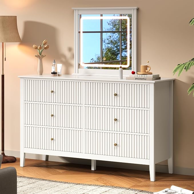 RoyalCraft 6 Drawer Dresser with Lighted Mirror, White Fluted Modern Wood Chest of Drawers, Long Dresser for Bedroom Storage