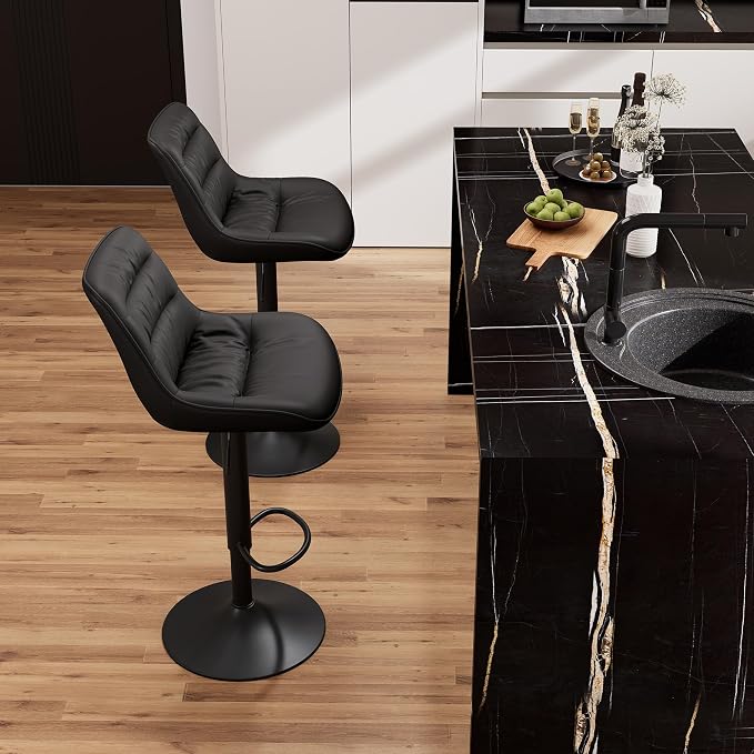 Kidol & Shellder Adjustable Bar Stools Set of 2, Faux Leather Counter Height BarStools with Back, Modern Mid Century Upholstered Bar stools for Kitchen Island Black