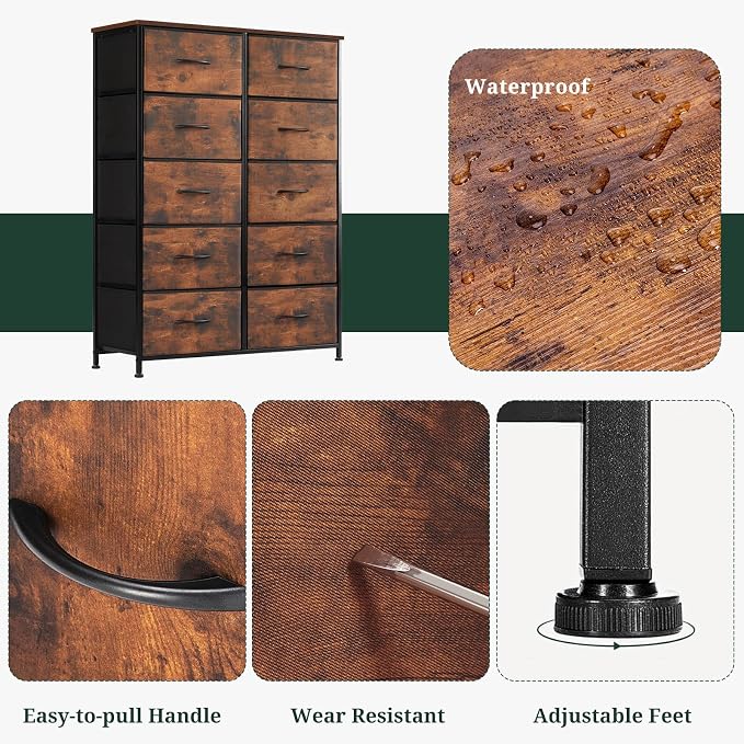 10-Drawer Dresser for Bedroom, Anti-Tip Tall Storage Organizer Chest of Drawers with Wooden Top and Metal Frame Fabric Bins for Closet, Living Room, Hallway, Entryway, Brown