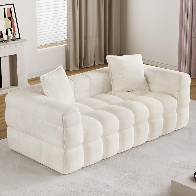 66.5" Loveseat Boneless Couch,Comfy Cloud Sectional Sofa with Deep Seat,Modern Upholstered Chenille Love Seat Sofa, Small Couches for Living Room, No Assembly Required Tufted Sofas, Beige White