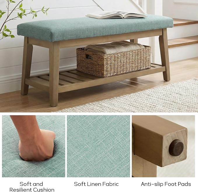 Entryway Bench with Cushion, Upholstered Shoe Rack Bench with Solid Wood Shelf, 44" End of Bed Bench for Bedroom, Chenille Fabric Storage Bench for Entryway, Hallway, Living Room (Teal)